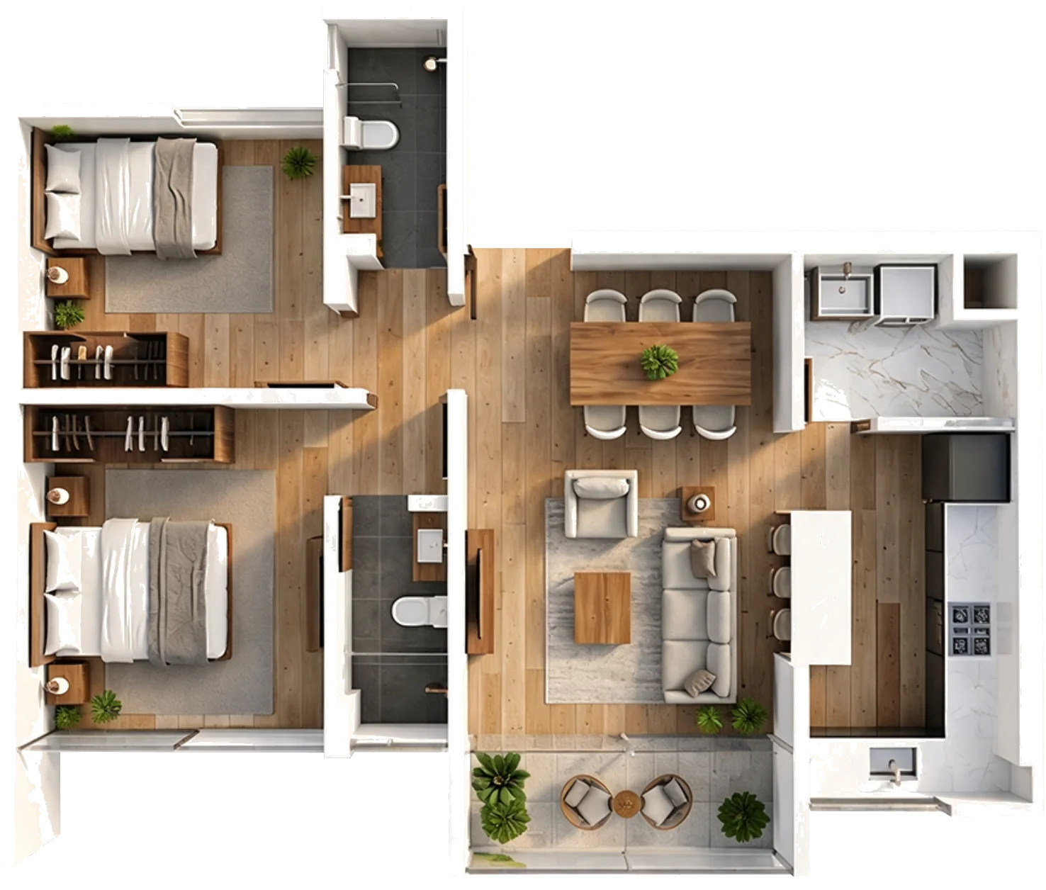 Planta de Tipología D, 65.39 m²