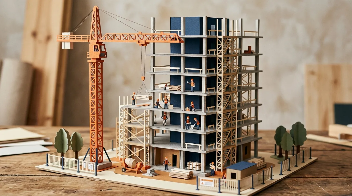 Maqueta de papel de un edificio en construcción