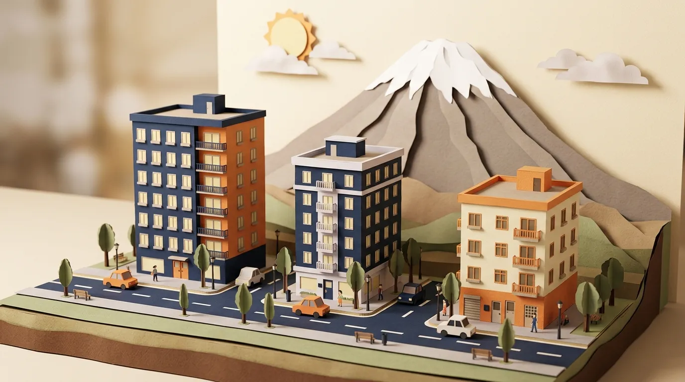 Maqueta de papel de edificios con el Misti de fondo