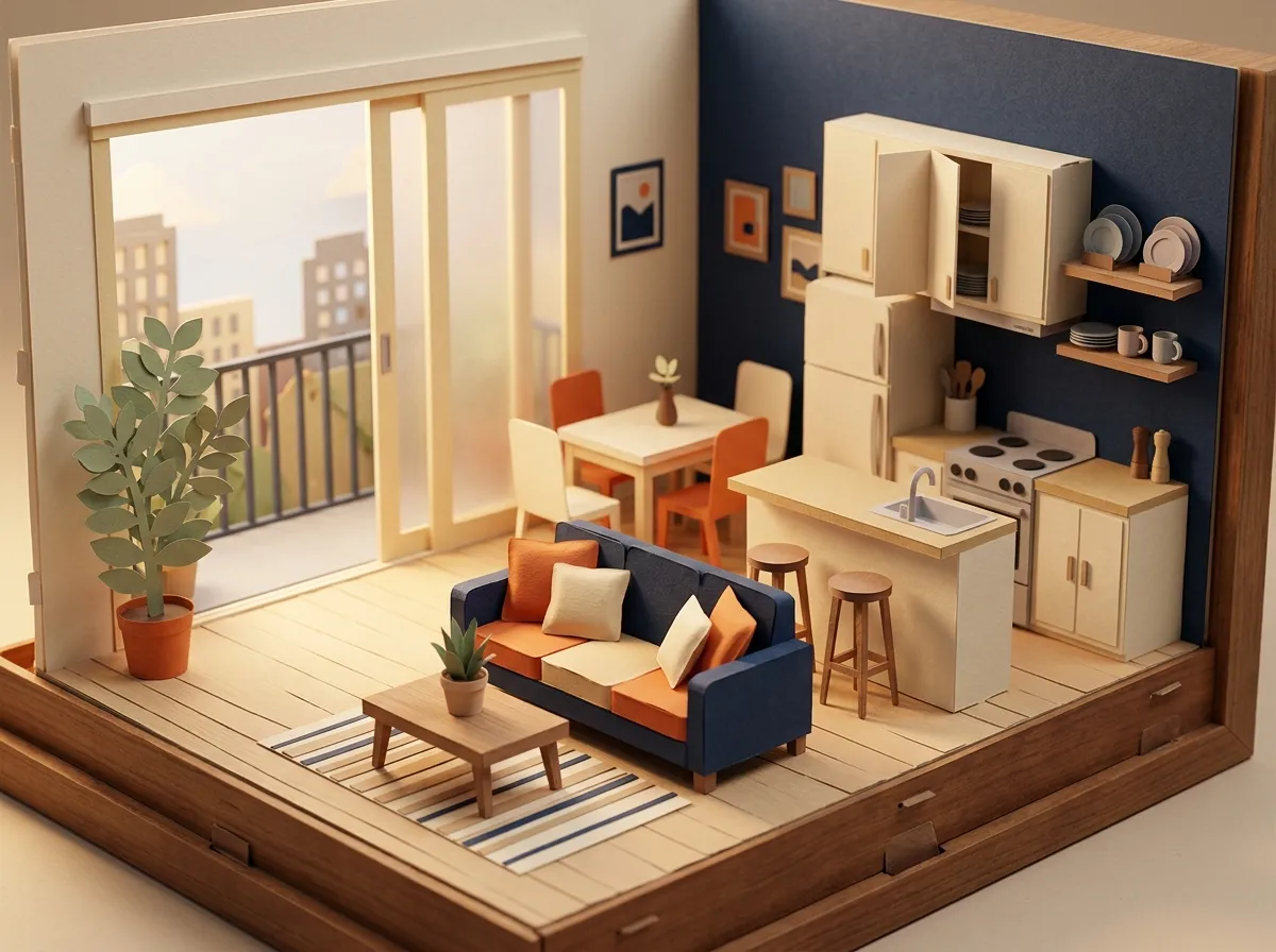 Maqueta de papel de una sala con cocina americana