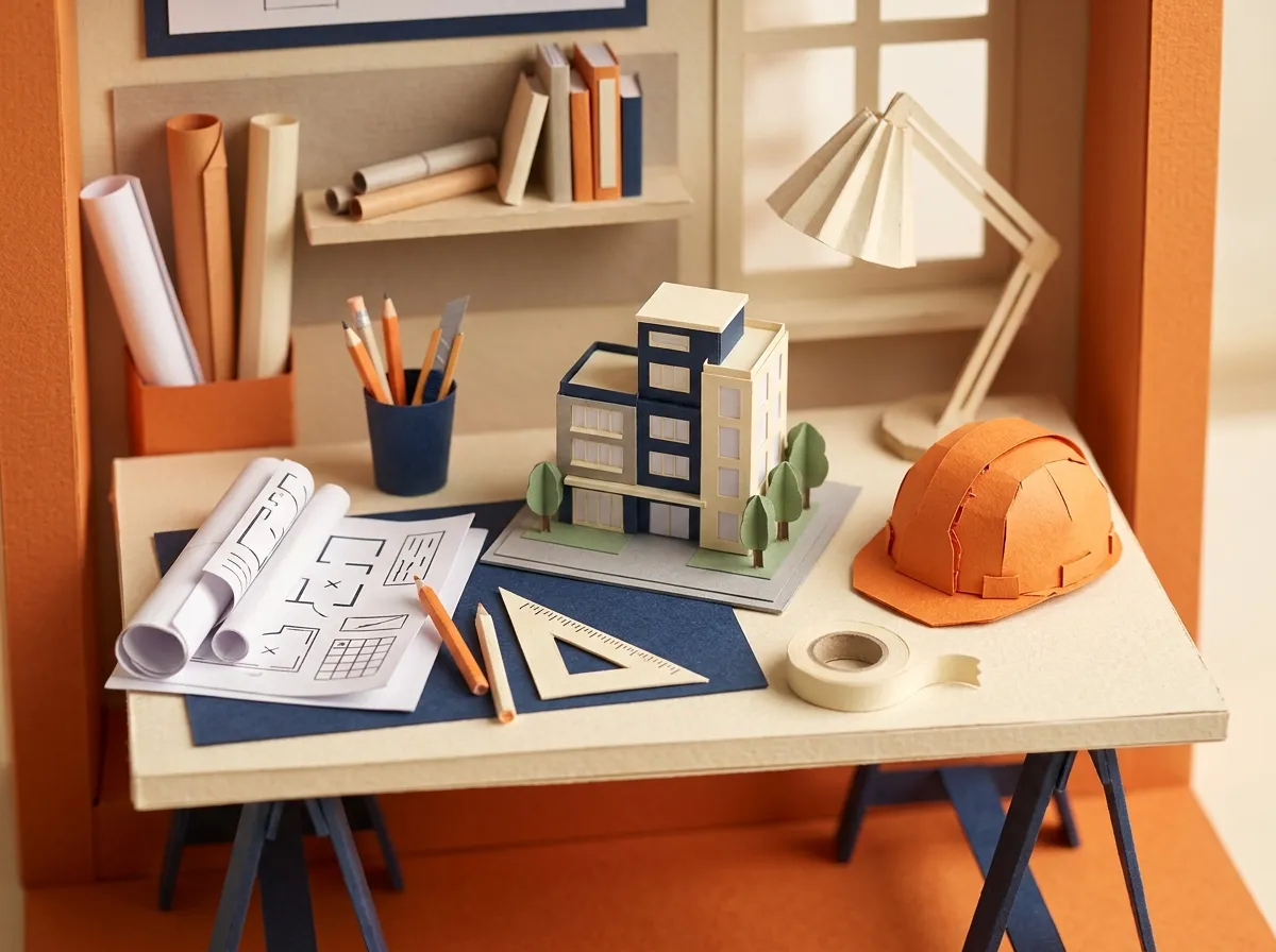 Maqueta de papel de un escritorio de arquitecto