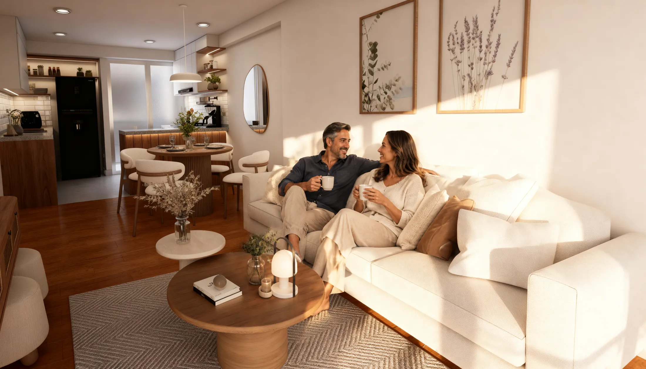 Una pareja conversa en la sala de su depa